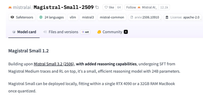 法國AI公司Mistral重磅推出開源推理模型 Magistral Small 1.2